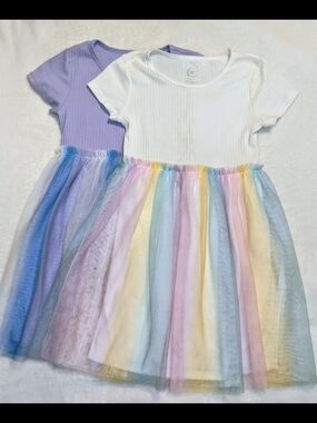 Girls Ribbed Short Sleeve Dress Lot with Rainbow Tulle Skirt - White & Lavender